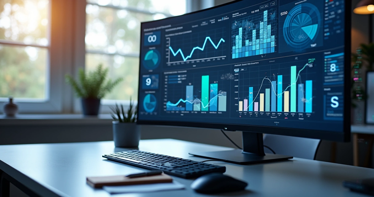 Tela de computador exibindo gráficos de Business Intelligence e análise de dados complexos