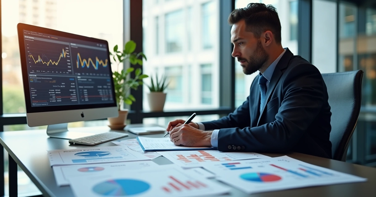 Empresário analisando relatórios financeiros detalhados em escritório moderno